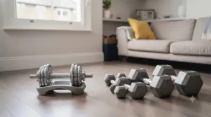 Compact dumbbell set compared to traditional bulky weights to show space-saving benefits.