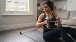 Core exercise routine using a single compact dumbbell for stability training.