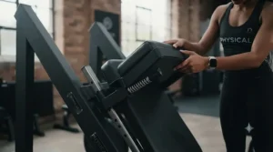 Side view showing correct posture and form using a hack squat machine.