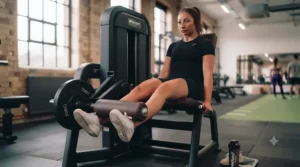 Athlete demonstrating correct form on a plate loaded leg extension