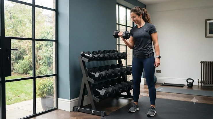 Heavy-duty dumbbell set with a compact storage rack organised in a modern British home gym. dumbbell set with rack