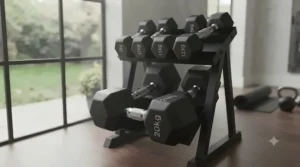 Dumbbell set with rack ready for strength training inside a contemporary UK garage gym.