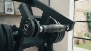Close-up of durable steel frame on a leverage exercise machine.