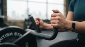 View of the ergonomic stability handles on a professional-grade leg curl machine.