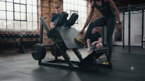 Demonstration of optimal foot positioning on a hack squat machine deck.