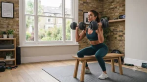 Athlete performing a full-body strength training routine with adjustable dumbbells