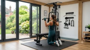 Diverse full-body exercises using a versatile Bio Force style home gym.
