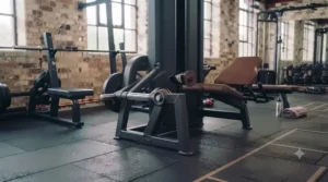 Plate loaded leg extension machine positioned in a strength training area