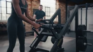 Close-up of safety catches and locking mechanisms on a hack squat machine.