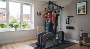 Close-up of the lat pull-down attachment on a functional budget gym machine.