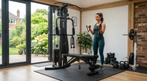 Comprehensive home strength training area featuring a Bio Force style gym.