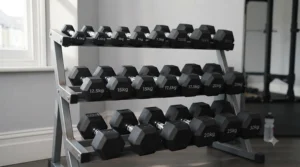 Fitness enthusiast performing strength training exercises with a pair of durable rubber hex dumbbells in a well-lit UK garage gym.