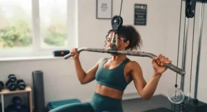 Proper technique for a lat pulldown using a high-quality single stack multi gym.