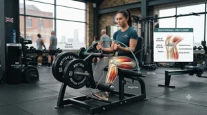 Diagram showing the correct range of motion for a plate loaded leg curl, focusing on knee flexion.