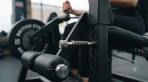Detail view of the spring-loaded safety pin used to secure the leg curl machine adjustment arm.