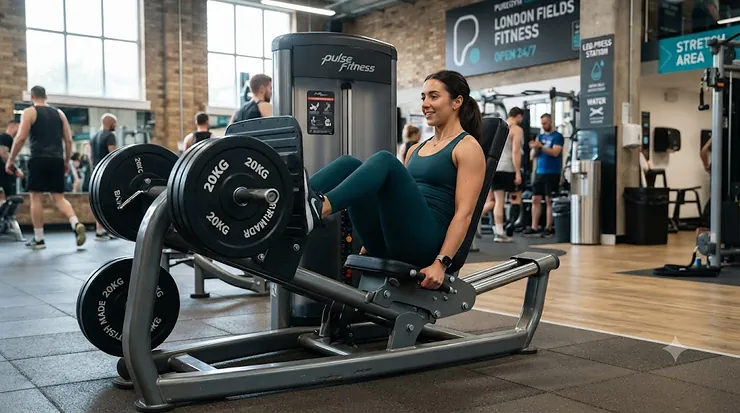 A person performing a controlled leg press exercise on a commercial gym machine. leg press machine