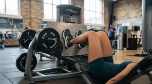 Deep range of motion demonstration on a vertical leg press machine.