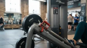 Demonstrating the safety catch mechanism on a gym leg press machine.