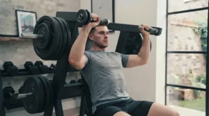 Athlete using a plate loaded leverage shoulder press machine.