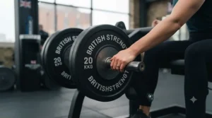 A user sliding a 20kg weight plate onto the weight horn of a plate loaded leg curl machine.