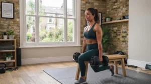 Person holding adjustable dumbbells while performing a forward lunge