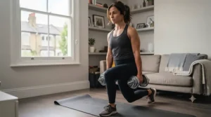 Fitness enthusiast doing lunges holding compact dumbbells in a flat.