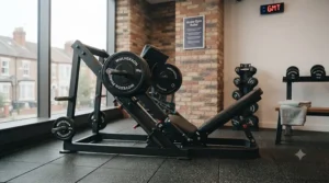 Routine maintenance check on the carriage and rails of a plate-loaded leg machine.