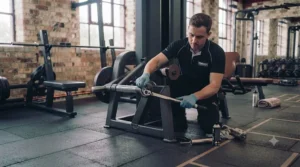 Routine maintenance check on the pivot bearing of a leg extension machine