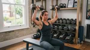 A man performing seated shoulder presses with heavy cast iron dumbbells during a garage home workout.