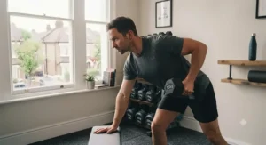Person lifting a medium-weight dumbbell set during a home upper-body workout routine.