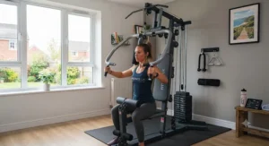 Close-up of a user performing a chest press on a budget multi-gym machine.