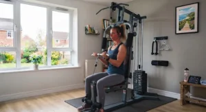 A person using the leg extension attachment on a versatile home gym system.