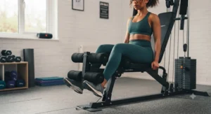 Focused view of the integrated leg extension attachment on a single stack multi gym.