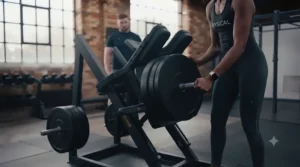 Loading weight plates onto a professional plate-loaded hack squat machine.