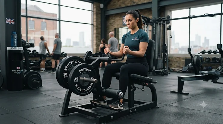 A side-profile view of a commercial plate loaded leg curl machine in a modern gym, designed for effective hamstring isolation. plate loaded leg curl machine