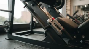 Close-up of seat adjustment settings on a heavy-duty plate-loaded leg machine.