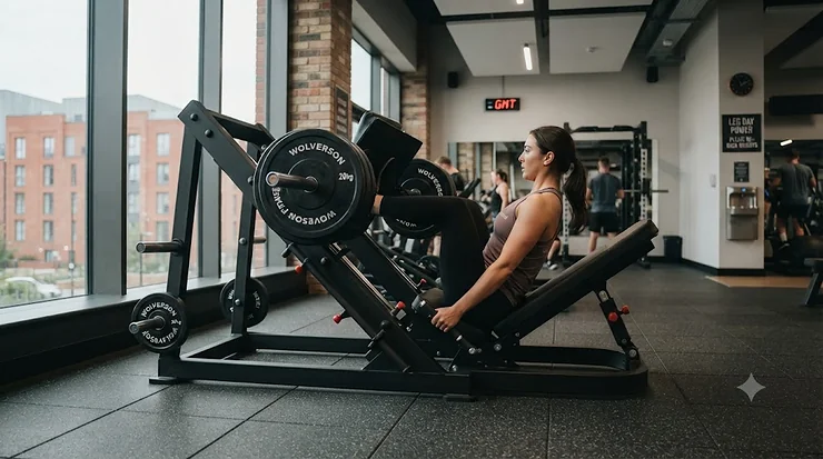 Person using a commercial plate-loaded leg press machine in a UK fitness centre. plate loaded leg machine
