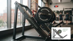 Illustration demonstrating safety locks and weight catchers on a leg press machine.