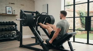 Person performing a leg press on a plate loaded leverage machine.