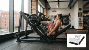 Diagram showing correct posture and foot placement for a plate-loaded leg press.