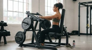 Side profile of an athlete performing a controlled chest press on a plate-loaded leverage machine.