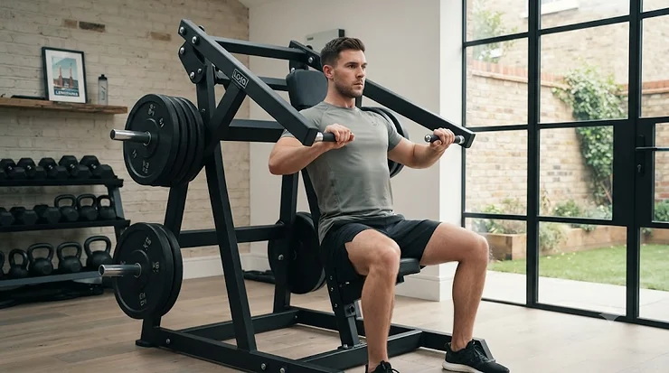 Plate loaded leverage machine in a professional home gym setup. plate loaded leverage machine