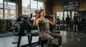 Close-up showing the smooth movement arc of a plate loaded shoulder press.