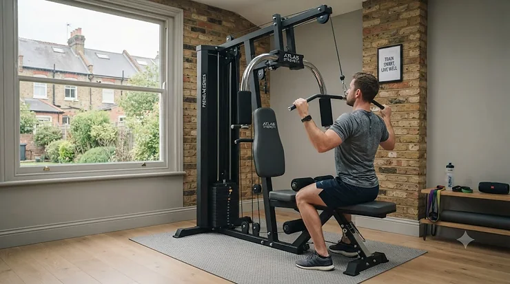 A high-end, durable premium multi gym machine set up in a modern British home garage gym. premium multi gym machine