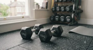 Hexagonal rubber-coated dumbbell sets designed to protect flooring during workouts.
