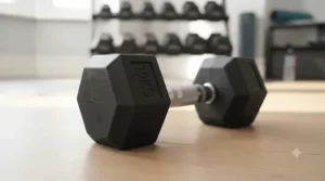 Rubber-coated hex dumbbells resting safely on a wooden floor, showcasing the protective coating that prevents scuffs and scratches in British homes.