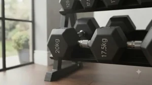 Close-up of durable rubber-coated hexagonal dumbbell heads resting securely on a steel rack tray.