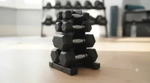 A lineup of various weight sizes for rubber hex dumbbells, ranging from light to heavy increments, suitable for all fitness levels.