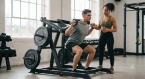 A beginner performing a supervised squat on a plate-loaded leverage machine for improved stability.