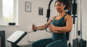 Close-up of a user performing a chest press on a space-saving single stack multi gym.